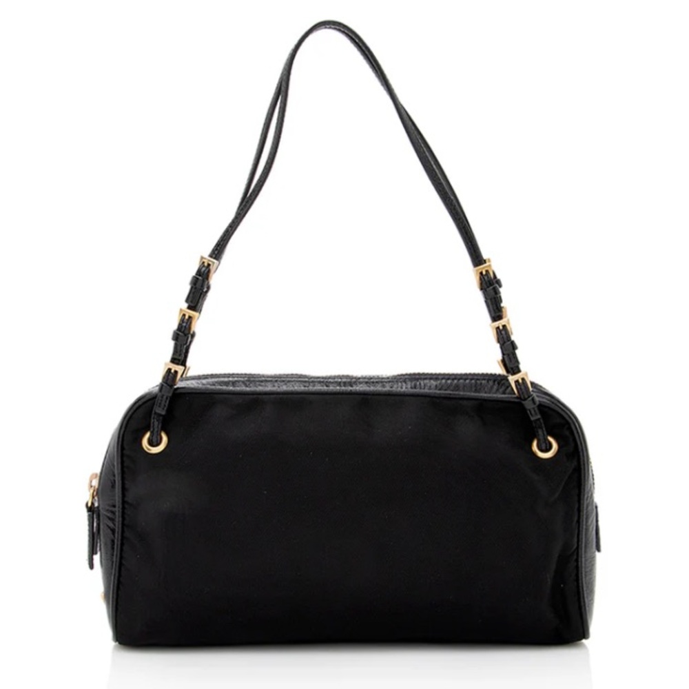 PRADA Black Leather and Nylon Tessuto Shoulder Bag